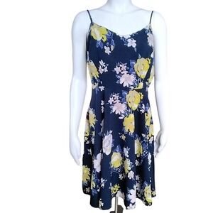 Old Navy Womens Floral Fit and Flare Dress Navy Blue Yellow Pink Size L Rayon